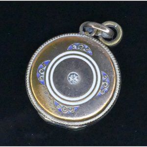 Antique Round Locket With Blue & White Enamel & Clear Stone Signed SP